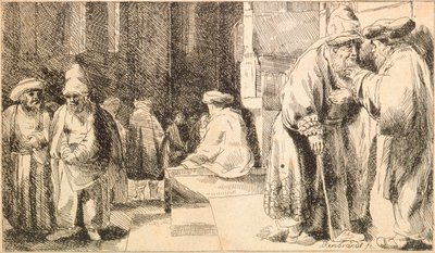 "Juifs a la synagogue" (シナゴーグの中のユダヤ人) Engraving de Rembrandt van Rhijn (1606-1669) - 1648 Dim 7,6x13 cm Jewish Museum, New York 作： Rembrandt van Rijn