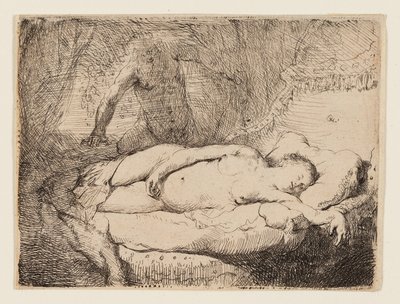 木星とアンティオペ: 小さい方のプレート、1631 年頃 (バフレイト紙にエッチング) 作： Rembrandt Harmensz. van Rijn