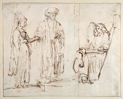ラバンがリアをジェイコブに引き合わせ、ジェイコブには別の絵の断片が重なっている。 作： Rembrandt Harmensz. van Rijn