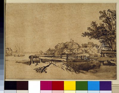 風景、1650年頃（紙にペンとインク、ウォッシュ 作： Rembrandt Harmensz. van Rijn