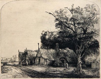 三つの小屋のある風景」（銅版画） 作： Rembrandt Harmensz. van Rijn