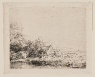 牛を飲む風景、1650年頃（アイボリーの紙にエッチングとドライポイント） 作： Rembrandt Harmensz. van Rijn