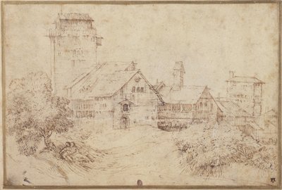 建物と恋人たちが抱き合っている風景、ティツィアーノの後（ペン・茶インク・赤チョーク・紙 作： Rembrandt Harmensz. van Rijn