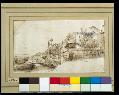 右側に農場の建物がある風景（紙にペンとインク、ウォッシュ 作： Rembrandt Harmensz. van Rijn