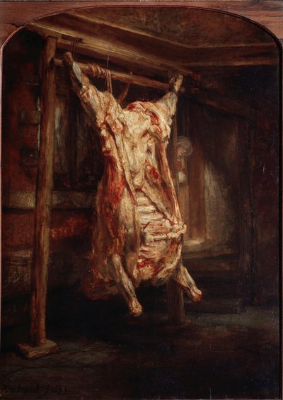 Le boeuf barche レンブラント・ハルメンスゾーン・ファン・レイン（1606-1669）の絵画 1655年 薄暗い。94x59 cm パリ、ルーヴル美術館 作： Rembrandt van Rijn