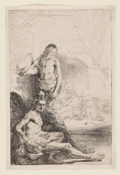 男性ヌード着席および立位、1646年頃（アイボリー敷き紙にエッチング） 作： Rembrandt Harmensz. van Rijn