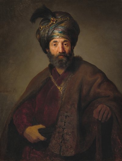 東洋の衣装を着た男、c。 1635 作： Rembrandt Harmensz van Rijn