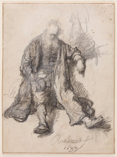 座る老人（酔っぱらいのロットか）、1630-33年頃、紙にペン、チョーク、インク 作： Rembrandt Harmensz. van Rijn