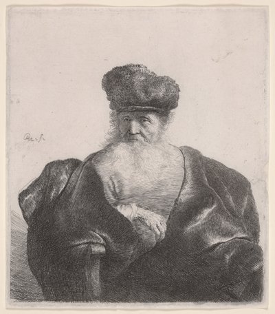 流れる髭、毛皮の帽子、ベルベットのマントを持った老人、c.1632（エッチング） 作： Rembrandt van Rijn