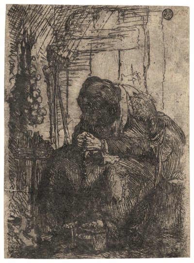 コテージに座る老女と壁にかけられたタマネギの紐 1629年頃（エッチング） 作： Rembrandt Harmensz. van Rijn