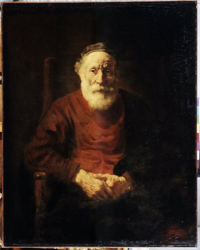 赤い服を着た老人の肖像画。 レンブラント (1606-1669) として知られる Harmenszoon van Rijn の絵画 作： Rembrandt Harmensz. van Rijn