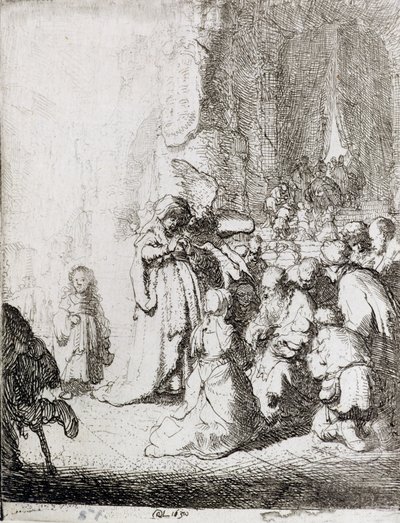 寺院でのプレゼンテーション（紙にペンとインク） 作： Rembrandt van Rijn
