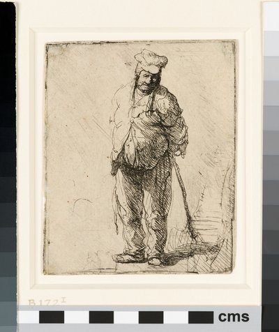 不規則な農民の手を後ろに置き、棒を持って、1630年頃（エッチング） 作： Rembrandt van Rijn