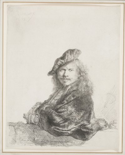 石の敷居に寄りかかるレンブラント：半分の長さ 作： Rembrandt van Rijn