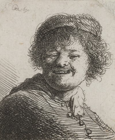 キャップのレンブラント、笑う：バスト 作： Rembrandt van Rijn