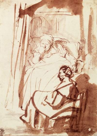 ベッドに横たわるSaskiaと、その足元に座る女性 作： Rembrandt Harmensz. van Rijn