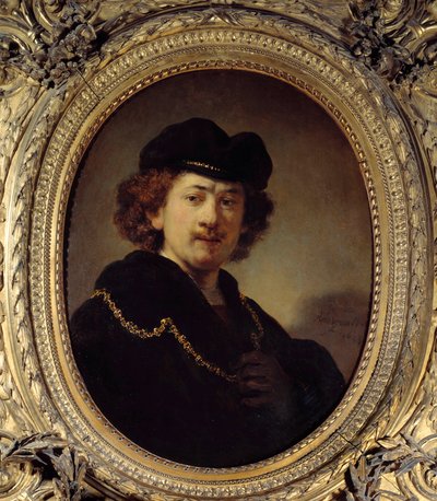 トークと鎖を身につけた自画像 レンブラントことハルメンスゾーン・ファン・レイン（1606-1669）の絵画 1633年日。0.7x0.53 m - トーク（つばのない帽子）と金の鎖を身につけた自画像。レンブラントと呼ばれるハーメンスゾーン・ファン・レインの絵画（1606-1669 作： Rembrandt van Rijn