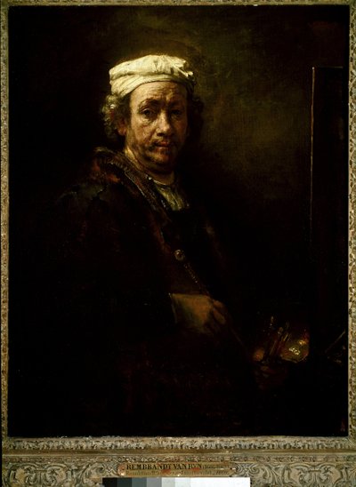 イーゼルでの自画像。(油彩・キャンバス 作： Rembrandt van Rijn