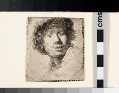 帽子をかぶった自画像、口を開けて 作： Rembrandt van Rijn