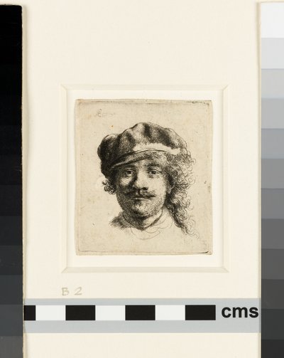 ソフトキャップをかぶった自画像、1634年頃（エッチング） 作： Rembrandt van Rijn