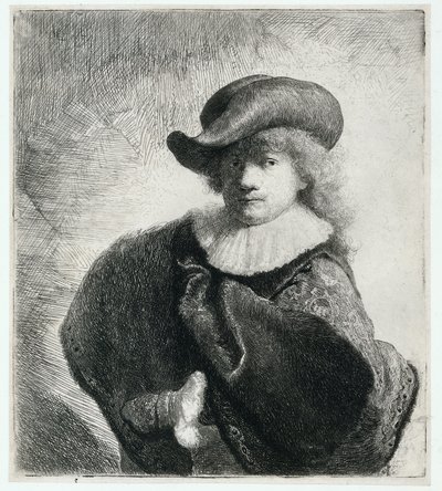 柔らかい帽子と模様のあるマントを着た自画像 作： Rembrandt Harmensz. van Rijn