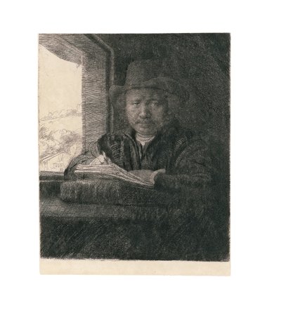 窓際の自画像の描画、1648 作： Rembrandt van Rijn