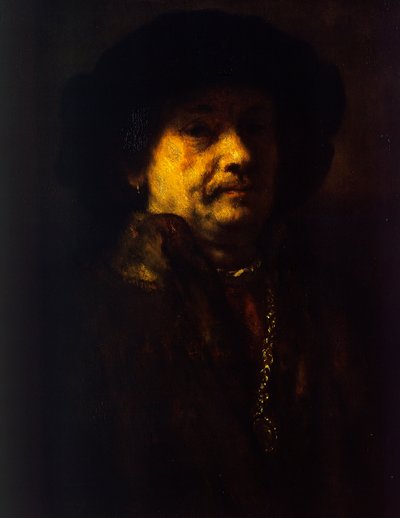 毛皮のコートを着て、金のチェーンとイヤリングをつけた自画像 作： Rembrandt Harmensz. van Rijn