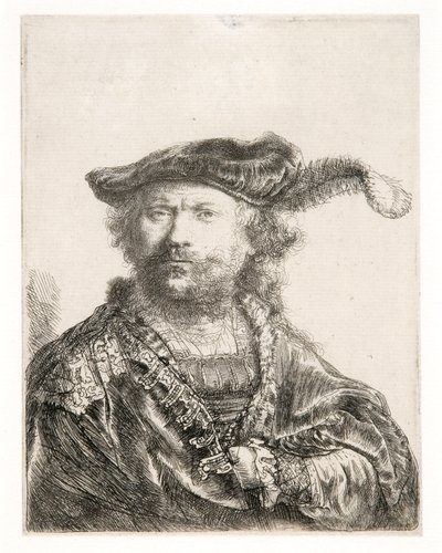 ベルベットの帽子と羽をつけた自画像 作： Rembrandt Harmensz. van Rijn