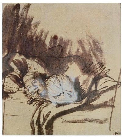 ベッドに横たわる病人、画家の妻サスキアか 作： Rembrandt Harmensz. van Rijn