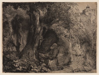Pyhä Franciscus puun alla rukoilemassa 作： Rembrandt Harmensz. van Rijn