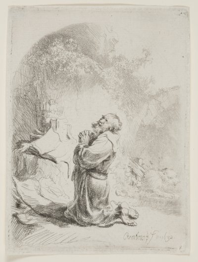聖ジェロームの祈り：アーチ型のプリント 作： Rembrandt van Rijn