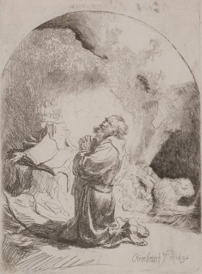 聖ジェロームの祈り：アーチ型のプリント 作： Rembrandt van Rijn