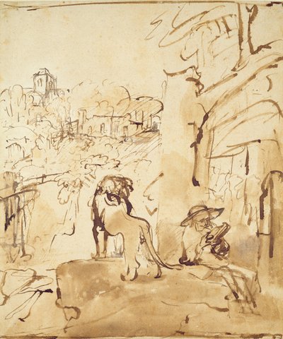 風景の中を読む聖ジェローム（ペンと紙で洗う） 作： Rembrandt van Rijn