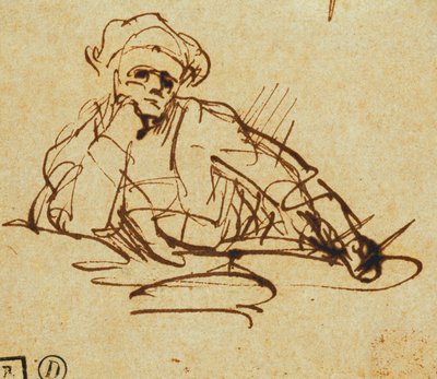 作家の研究、着席、思考の休止、 作： Rembrandt van Rijn