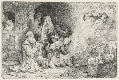 トビアスの家族から出発する天使（紙にペンとインク） 作： Rembrandt van Rijn