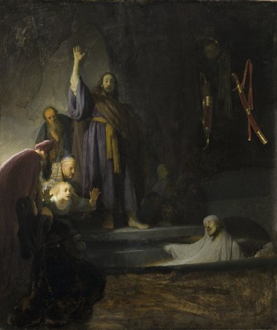 ラザロの育成、c.1630-2（木の油） 作： Rembrandt van Rijn