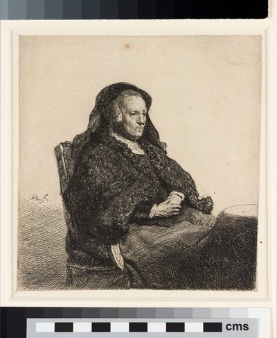 テーブルに座っている芸術家の母親、1631年頃（エッチング） 作： Rembrandt van Rijn