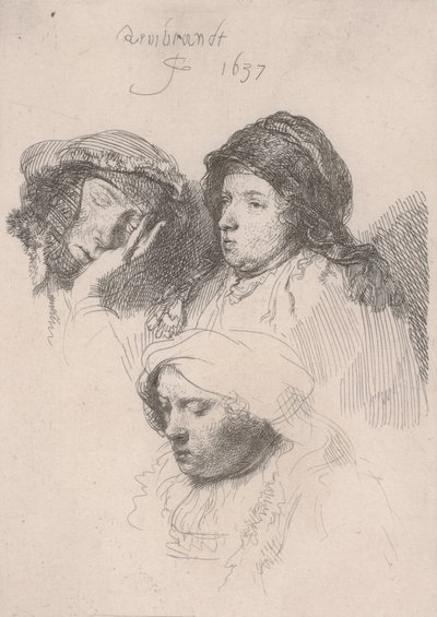 3人の女性の頭、1人は眠っている 作： Rembrandt van Rijn