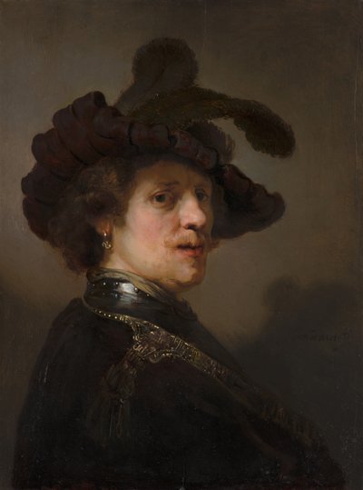 羽毛のあるベレー帽をかぶった男のトローニー、c.1635-40（パネルに油彩） 作： Rembrandt van Rijn