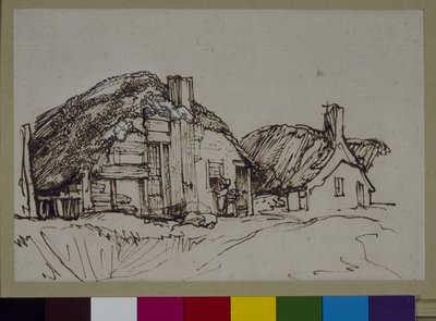 窓辺に人影のある2つの茅葺きコテージ 1640年頃 （紙にペンとインク 作： Rembrandt Harmensz. van Rijn