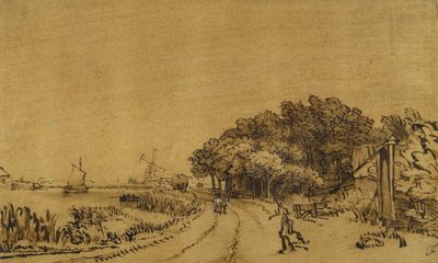 アムステルの眺め：トロンペンブルクに通じるアムステルダイクの道、1649-50年頃（紙にペンとインク、茶色のウォッシュと白のボディカラー 作： Rembrandt Harmensz. van Rijn