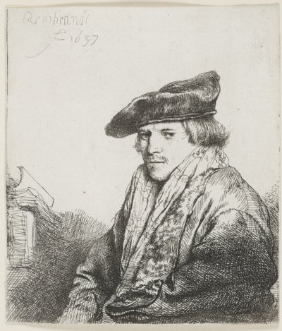 彼の横に本を持ったベルベットの帽子をかぶった若い男 作： Rembrandt van Rijn