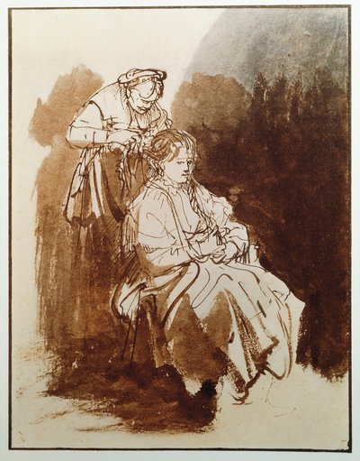 トイレの若い女性。老婆の髪。(墨絵、1635年頃) 作： Rembrandt van Rijn