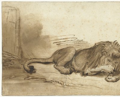前足を銃口の上に置いてリクライニングするライオン 作： Rembrandt van Rijn (school of)