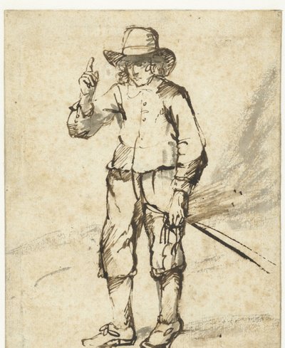 鞭を持って右手を上げて立っている男の子 作： Rembrandt van Rijn (school of)