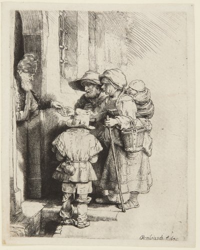 施しを受ける盲目のハーディ・ガーディ奏者とその家族 作： Rembrandt van Rijn