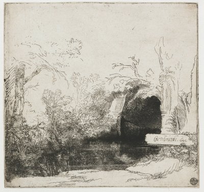 洞窟とボートのある小川 (‘Het spelonkje’) 洞窟とボートのある小川 作： Rembrandt van Rijn