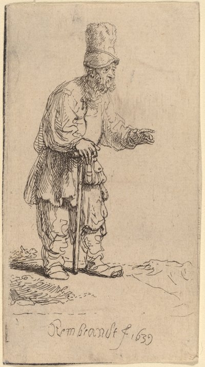 高い帽子をかぶり、棒にもたれて立っている農夫 作： Rembrandt van Rijn
