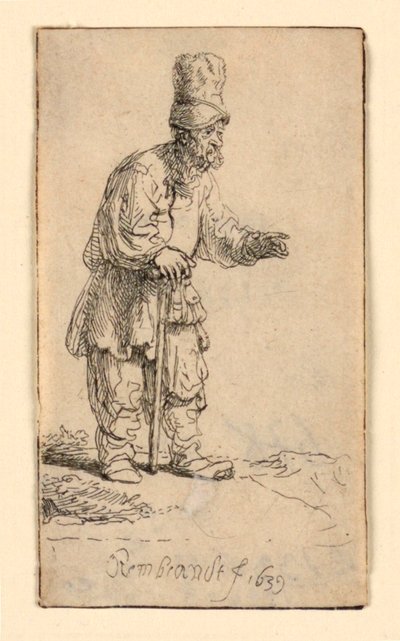 高い帽子をかぶり、棒にもたれて立っている農夫 作： Rembrandt van Rijn