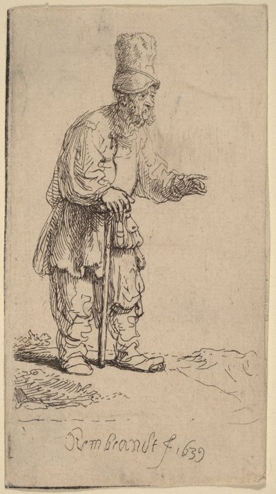 高い帽子をかぶった農民が、杖に寄りかかって立っている 作： Rembrandt van Rijn